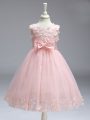 Baby Pink Scoop Neckline Lace and Bowknot Little Girl Pageant Gowns Sleeveless Zipper