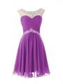 Glamorous Purple Chiffon Zipper Homecoming Dress Cap Sleeves Knee Length Beading