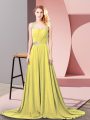 Customized Gold Empire Chiffon Halter Top Sleeveless Beading and Ruching Zipper Prom Gown Brush Train