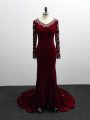 New Arrival Burgundy V-neck Zipper Beading Mother Of The Bride Dress Brush Train Long Sleeves