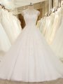 A-line Wedding Dresses White Scoop Tulle Sleeveless Lace Up