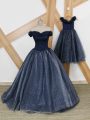 Navy Blue A-line Off The Shoulder Sleeveless Tulle Brush Train Lace Up Ruching Dress for Prom