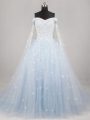 Customized A-line Sleeveless Light Blue Bridal Gown Watteau Train Lace Up