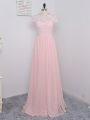 Extravagant Cap Sleeves Chiffon Floor Length Zipper Quinceanera Court of Honor Dress in Baby Pink with Lace