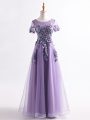 A-line Mother Of The Bride Dress Lavender Scoop Tulle Short Sleeves Floor Length Backless
