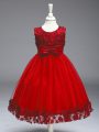 Red Sleeveless Tea Length Appliques and Bowknot Zipper Pageant Gowns For Girls