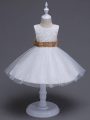 Knee Length Zipper Kids Formal Wear White for Wedding Party with Lace and Bowknot