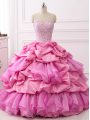 Great Rose Pink Ball Gowns Beading and Ruffles and Pick Ups Ball Gown Prom Dress Lace Up Organza and Taffeta Sleeveless Floor Length