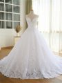 Great White V-neck Neckline Lace and Appliques Wedding Gown Sleeveless Lace Up