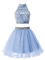 Light Blue Sleeveless Beading Knee Length Vestidos de Damas