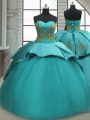 Sleeveless Satin Sweep Train Lace Up Ball Gown Prom Dress in Turquoise with Beading and Appliques