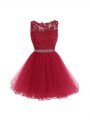 Burgundy Sleeveless Beading and Lace and Appliques Mini Length Cocktail Dress