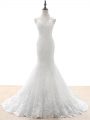 Sleeveless Brush Train Beading and Lace and Appliques Zipper Wedding Gown