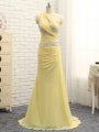 Artistic Yellow One Shoulder Neckline Beading and Ruching Party Dress for Toddlers Sleeveless Zipper