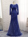 Gorgeous Blue Tulle Zipper Bateau Long Sleeves Mother Of The Bride Dress Brush Train Lace