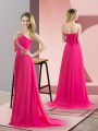 Beauteous Hot Pink Column/Sheath Sweetheart Sleeveless Chiffon Floor Length Lace Up Beading Evening Dress