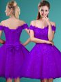 Eggplant Purple Cap Sleeves Lace and Belt Knee Length Dama Dress for Quinceanera