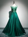 Customized Scoop Sleeveless Brush Train Backless Party Dresses Dark Green Elastic Woven Satin