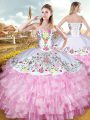 Rose Pink Ball Gowns Embroidery and Ruffled Layers Ball Gown Prom Dress Lace Up Organza and Taffeta Sleeveless Floor Length