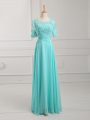 Flare Floor Length Aqua Blue Mother Of The Bride Dress Chiffon Half Sleeves Lace and Appliques