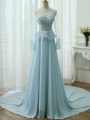 Light Blue Empire Chiffon Scoop Long Sleeves Beading and Appliques Zipper Prom Dress