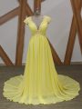 Yellow Short Sleeves Lace and Appliques Zipper Red Carpet Prom Dress