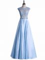 Light Blue Zipper Prom Evening Gown Beading and Lace Sleeveless Floor Length