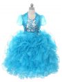 Baby Blue Sleeveless Organza Lace Up Kids Pageant Dress for Wedding Party