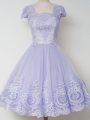 Lavender A-line Square Cap Sleeves Tulle Knee Length Zipper Lace Dama Dress