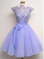 Lavender Chiffon Lace Up Bridesmaids Dress Cap Sleeves Knee Length Lace and Belt