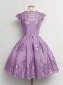 A-line Bridesmaids Dress Lavender Scalloped Tulle Cap Sleeves Knee Length Lace Up