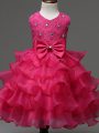 Custom Fit Hot Pink Organza Zipper Child Pageant Dress Sleeveless Knee Length Lace and Ruffled Layers and Bowknot