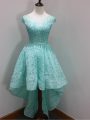 Luxurious Aqua Blue A-line Lace Scoop Cap Sleeves Beading and Lace High Low Zipper Bridesmaid Dresses