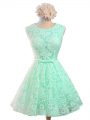 Colorful Apple Green Lace Up Scoop Belt Bridesmaid Gown Lace Sleeveless