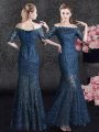 High End Navy Blue Mermaid Lace Off The Shoulder Half Sleeves Lace Floor Length Lace Up Mother Of The Bride Dress