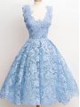 Light Blue Zipper Bridesmaid Dress Lace Sleeveless Knee Length