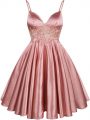 Fancy Sleeveless Elastic Woven Satin Knee Length Lace Up Quinceanera Court of Honor Dress in Pink with Lace