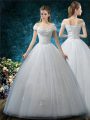 Edgy White Lace Up Off The Shoulder Beading and Appliques Wedding Gown Tulle Cap Sleeves