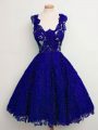 Knee Length A-line Sleeveless Blue Quinceanera Dama Dress Lace Up