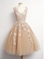 Sleeveless Knee Length Appliques Lace Up Bridesmaid Dress with Brown