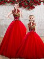 Ideal Floor Length Lace Up 15th Birthday Dress Red for Military Ball and Sweet 16 and Quinceanera with Appliques