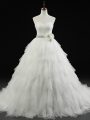 Beading and Ruffles and Hand Made Flower Wedding Dresses White Lace Up Sleeveless Brush Train