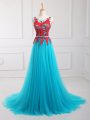 Tulle Scoop Sleeveless Brush Train Zipper Lace and Appliques Oscars Dresses in Aqua Blue