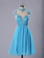 Excellent Baby Blue A-line High-neck Sleeveless Chiffon Knee Length Zipper Lace and Appliques Cocktail Dresses