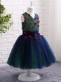 Beauteous Navy Blue Tulle Zipper Kids Formal Wear Sleeveless Knee Length Lace and Appliques