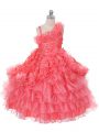 Floor Length Lace Up Little Girls Pageant Dress Watermelon Red for Wedding Party with Lace and Ruffles and Ruffled Layers