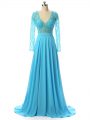 Baby Blue Mother Of The Bride Dress Prom and Sweet 16 with Beading V-neck Long Sleeves Brush Train Zipper
