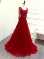Captivating Wine Red Empire Scoop Long Sleeves Tulle Brush Train Zipper Beading and Lace and Belt Oscars Dresses