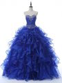 Vintage Sleeveless Floor Length Beading and Ruffles Lace Up Quinceanera Gowns with Royal Blue