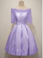 Lavender A-line Off The Shoulder Half Sleeves Taffeta Knee Length Lace Up Lace Damas Dress